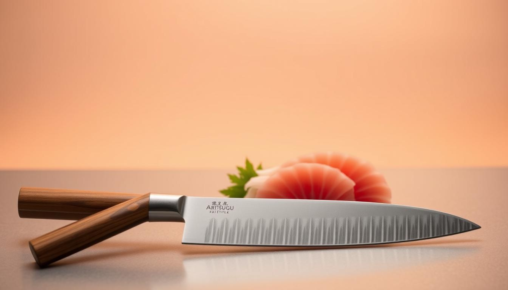 An elegantly crafted Aritsugu sashimi knife rests on a sleek, minimal surface, its razor-sharp blade gleaming under the warm, soft lighting. The knife's handle, made of meticulously selected wood, offers a comfortable and secure grip, inviting the user to experience its precision and balance. In the middle ground, a pristine sashimi display showcases the knife's versatility, showcasing its ability to effortlessly slice through the finest cuts of fish. The background is a serene, minimalist setting, allowing the knife and its subject to take center stage, emphasizing the importance of choosing the right Aritsugu knife for the ultimate sashimi experience.