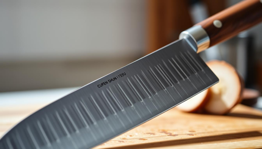 An exquisite Shun knife, its sleek blade gleaming under soft, natural lighting. The knife's profile is sharply defined, highlighting its elegant Japanese-inspired design. The foreground captures the knife's weight and balance, conveying a sense of precision and craftsmanship. In the middle ground, the knife rests atop a wooden cutting board, the grain and texture of the wood complementing the knife's polished surface. The background gently blurs, drawing the viewer's focus to the knife's impressive performance and versatility. The overall composition evokes a sense of culinary sophistication and the enduring legacy of Shun's artisanal knife-making tradition.
