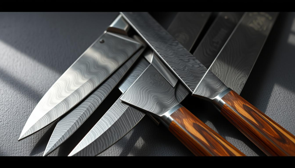 An intricately crafted set of handmade knives, their blades gleaming with a mirror-like finish. The handles, made of finely grained wood, are expertly shaped and polished, offering a comfortable and secure grip. The blades feature a distinct Damascus pattern, the result of a meticulous folding and forging process that gives each knife a unique and captivating appearance. Soft, diffused lighting casts gentle shadows, highlighting the subtle contours and textures of the cutlery. The knives are arranged in a visually appealing composition, showcasing their artisanal craftsmanship and the attention to detail that is the hallmark of the Aritsugu brand.