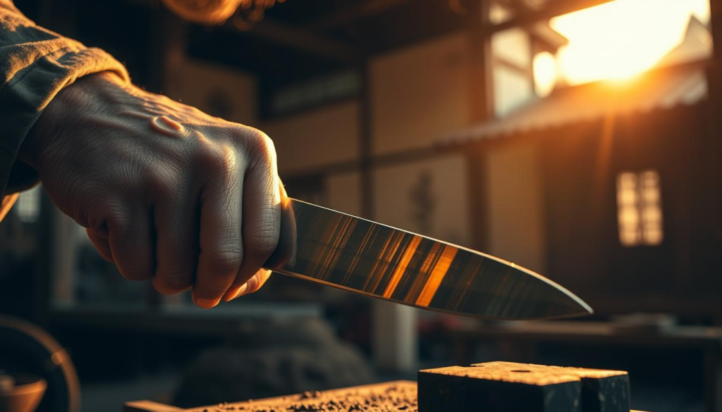 Aritsugi knife craftsmanship: a meticulously detailed close-up view of a skilled artisan's hands carefully forging a gleaming Japanese Santoku knife. The scene is bathed in warm, golden light, creating a serene, meditative atmosphere. Intricate textures of the blade, handle, and worker's weathered skin are vividly rendered. In the background, a traditional Japanese forge or workshop can be glimpsed, hinting at the centuries-old heritage of this artisanal practice. The composition emphasizes the artistry, precision, and reverence inherent to the Aritsugi knife-making tradition.