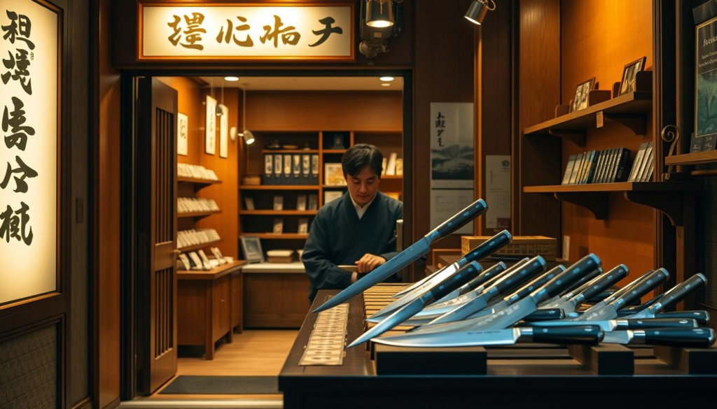 Aritsugu Bunka Knife Purchase: A Tranquil Japanese Shopping Experience A well-lit traditional Japanese storefront, the entrance adorned with elegant signage. Through the doorway, a serene display of handcrafted Aritsugu Bunka knives arranged on a dark wooden counter. Warm lighting casts a soft glow, highlighting the knives' precision-forged blades and intricate handle designs. A single customer, dressed in traditional attire, is carefully inspecting an Aritsugu Bunka, their expression one of reverence and appreciation. The atmosphere is one of quiet contemplation, inviting the viewer to imagine the culinary artistry these knives will one day create.