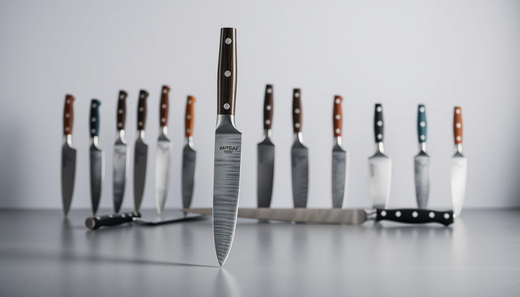 Aritsugu kitchen knives, high-quality blades crafted in Japan, displayed on a sleek, minimalist surface. In the foreground, the Aritsugu knife stands tall, its blade gleaming under the soft, directional lighting. Surrounding it, a selection of other premium knife brands, each represented by a single, expertly photographed specimen. The middle ground is dominated by a neutral background, allowing the knives to be the focal point. In the background, a subtle gradient adds depth and a sense of sophistication. The overall composition conveys a sense of refined elegance, inviting the viewer to compare and appreciate the craftsmanship of these exceptional kitchen tools.