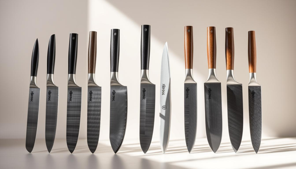 Aritsugu knife blade types: a precision still life in a natural light studio. In the foreground, an array of razor-sharp Aritsugu blades - gyuto, santoku, nakiri - each with its distinct profile and beveled edge. The mid-ground showcases the unique steel compositions, from the gleaming stainless to the matte textured high-carbon. Backlit by soft, diffused light, the blades cast subtle shadows, highlighting their elegant form and meticulous craftsmanship. The background is a simple, neutral setting, allowing the knives to be the sole focus, ready to be appreciated for their function and artistry.
