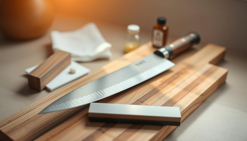 Aritsugu knife care: A meticulously crafted Japanese chef's knife resting on a wooden cutting board, surrounded by essential care tools. In the foreground, a sharpening stone and honing steel reflect the warm, natural lighting. The middle ground features a clean, white cloth and a small bottle of knife oil, hinting at the precise maintenance required to preserve the blade's razor-sharp edge. The background showcases a minimalist, zen-inspired setting, emphasizing the knife's importance as a revered culinary instrument. Captured with a shallow depth of field, the image conveys the delicate balance of tradition and modern functionality that defines the Aritsugu knife experience.