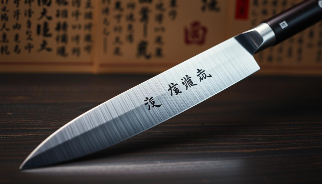 Aritsugu knife kanji, a fusion of ancient Japanese calligraphy and master craftsmanship. In the foreground, a pristine blade rests on a dark wooden surface, its steel reflecting the warm glow of a soft overhead light. Delicate kanji characters are etched into the blade, their strokes precise and deliberate, conveying the knife's lineage and the artisan's meticulous attention to detail. The middle ground features a background of traditional Japanese paper, its subtle texture and warm hues complementing the blade's minimalist design. The overall atmosphere is one of reverence and appreciation for the rich cultural heritage embodied in this exceptional kitchen tool.