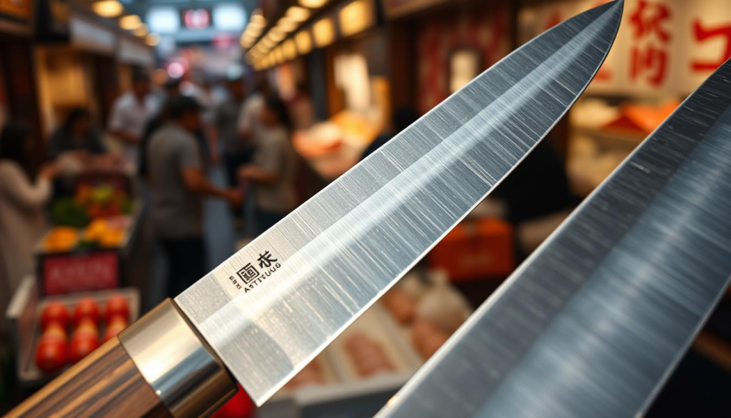 Aritsugu knives in the heart of Tsukiji market, Japan. A close-up view showcases the meticulously crafted blades, their razor-sharp edges gleaming under soft studio lighting. The handles, made from premium Japanese oak, are tactile and ergonomic. In the background, a blurred view of the bustling Tsukiji market, bustling with activity, hints at the knife's provenance. The composition draws the eye to the knives, emphasizing their quality, precision, and the centuries-old traditions of Japanese bladesmithing.