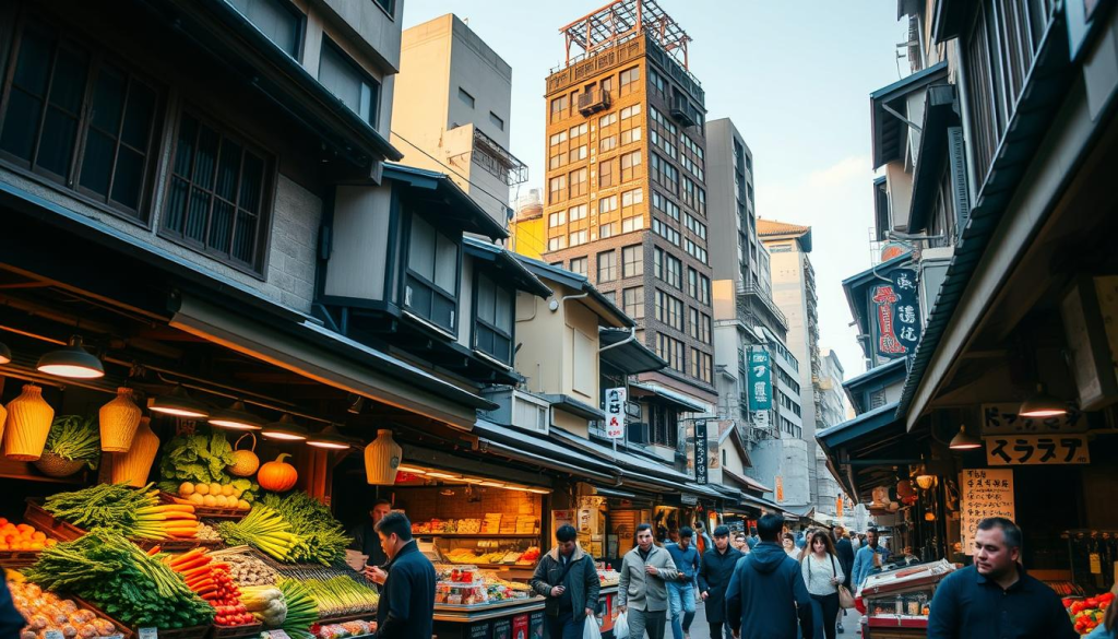 Bustling Nishiki Market, Kyoto's Kitchen: A vibrant scene of wooden stalls and local vendors showcasing their wares. In the foreground, an array of fresh produce, from vibrant vegetables to glistening seafood. Shoppers navigate the narrow aisles, immersed in the aroma of sizzling street food. Towering above, the historic buildings of Kyoto cast a warm, golden glow, creating a timeless atmosphere. Capturing the essence of this iconic marketplace, a wide-angle lens frames the hustle and bustle, highlighting the rich cultural heritage and culinary traditions that make Nishiki Market the heart of Kyoto's culinary landscape.