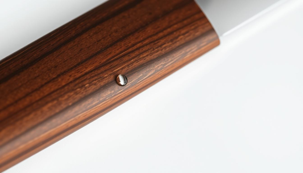 Crisp close-up of a Shun kitchen knife handle, showcased against a clean white background with soft, even lighting. The handle is made of a dark, fine-grained wood, displaying the intricate grain patterns and a smooth, satin-like finish. The surface is free of any blemishes or discoloration, meticulously maintained and polished. Delicate drops of water shimmer on the handle, suggesting a recent gentle cleaning with a damp cloth. The composition emphasizes the tactile, premium quality of the craftsmanship, inviting the viewer to appreciate the attention to detail in Shun's knife handle design and care.