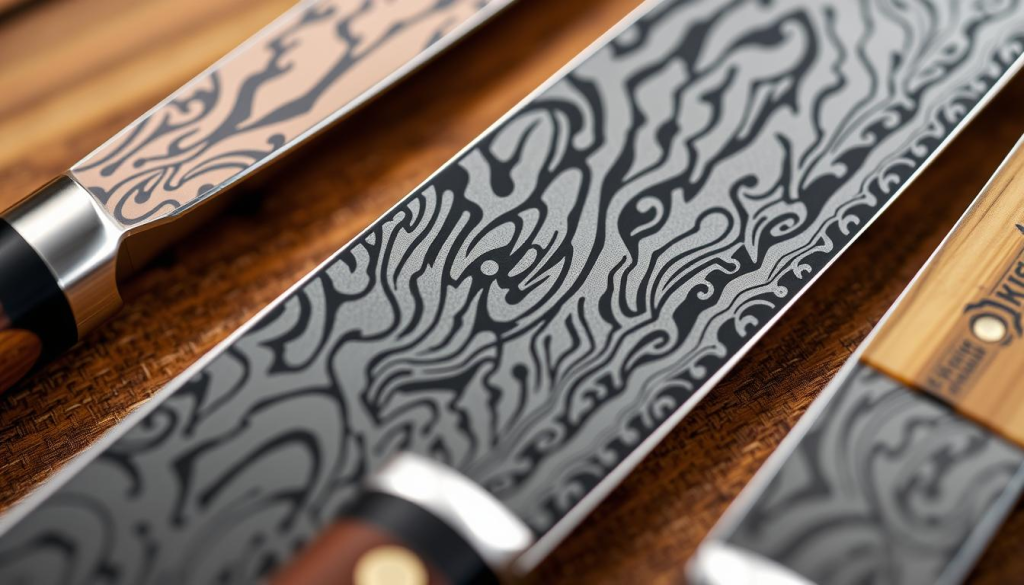 Detailed close-up shots of exclusive Shun knife limited edition designs, showcasing their intricate patterns, premium materials, and elegant craftsmanship. Vibrant lighting highlighting the lustrous steel blades, the intricate damascus patterns, and the exquisite wood or resin handles. Capture the premium quality and attention to detail that defines these exceptional culinary tools, elevating the cooking experience.