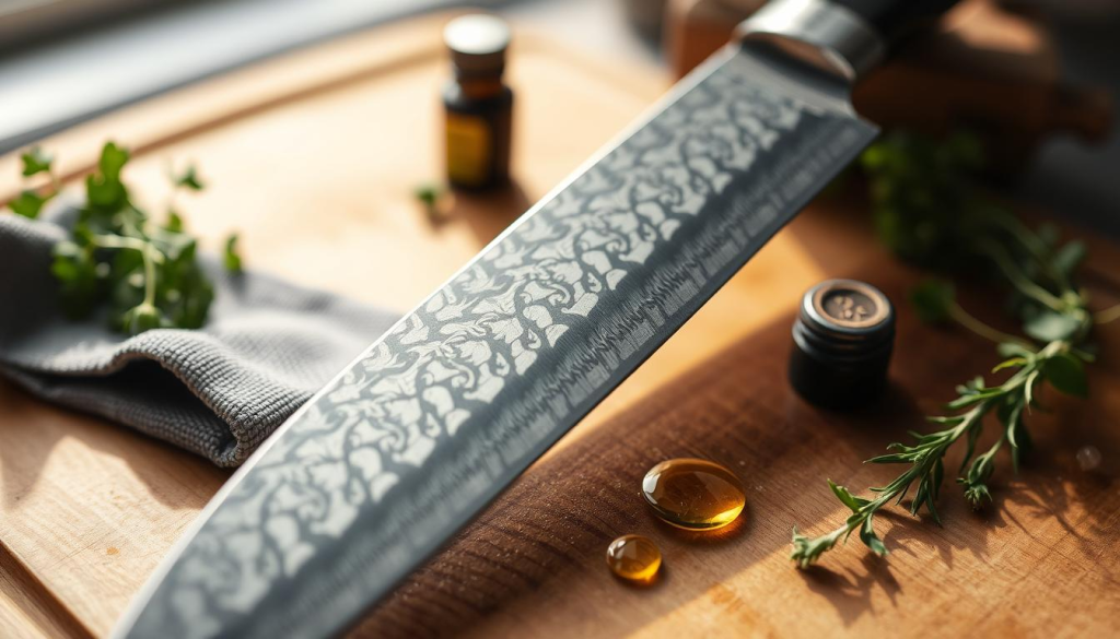 Detailed closeup of a high carbon steel chef's knife, resting on a wooden cutting board. Soft natural lighting illuminates the knife's sharp, tapered blade and the intricate Damascus steel pattern. In the foreground, a polishing cloth and a small bottle of honing oil sit nearby, suggesting the careful maintenance required for this premium culinary tool. The middle ground features a selection of aromatic herbs, hinting at the knife's role in preparing delectable dishes. The background is slightly blurred, keeping the focus on the knife and its accoutrements.