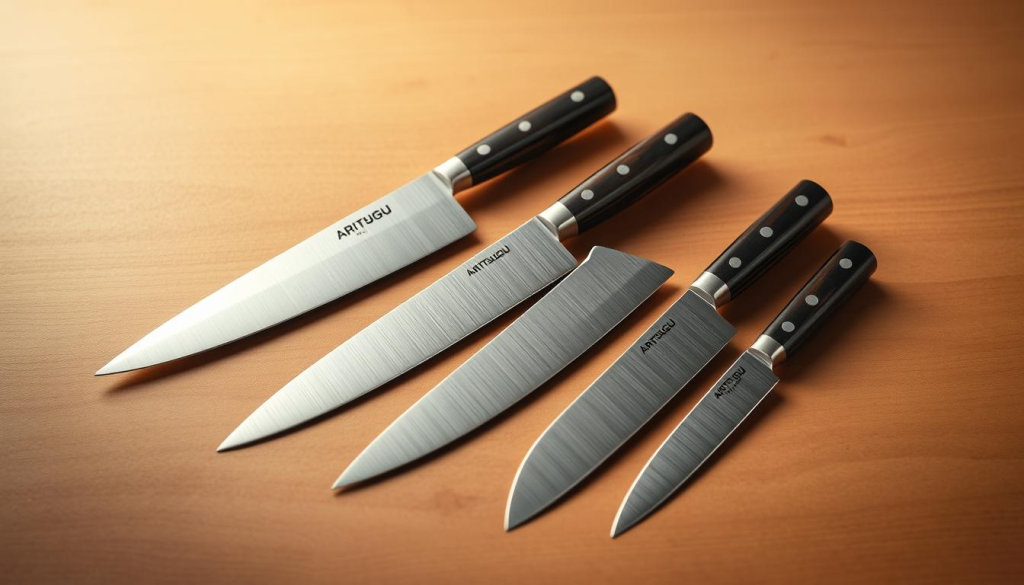 High-quality Aritsugu knives displayed on a minimalist wooden surface, with a soft, warm lighting creating depth and highlighting their precise craftsmanship. The knives are showcased individually, allowing their unique blade shapes, handles, and subtle details to be clearly visible. The background is a clean, muted tone that draws the viewer's attention to the knives, emphasizing their precision, durability, and Japanese heritage. The overall composition conveys a sense of elegance, simplicity, and the superior quality of Aritsugu knives compared to other brands.