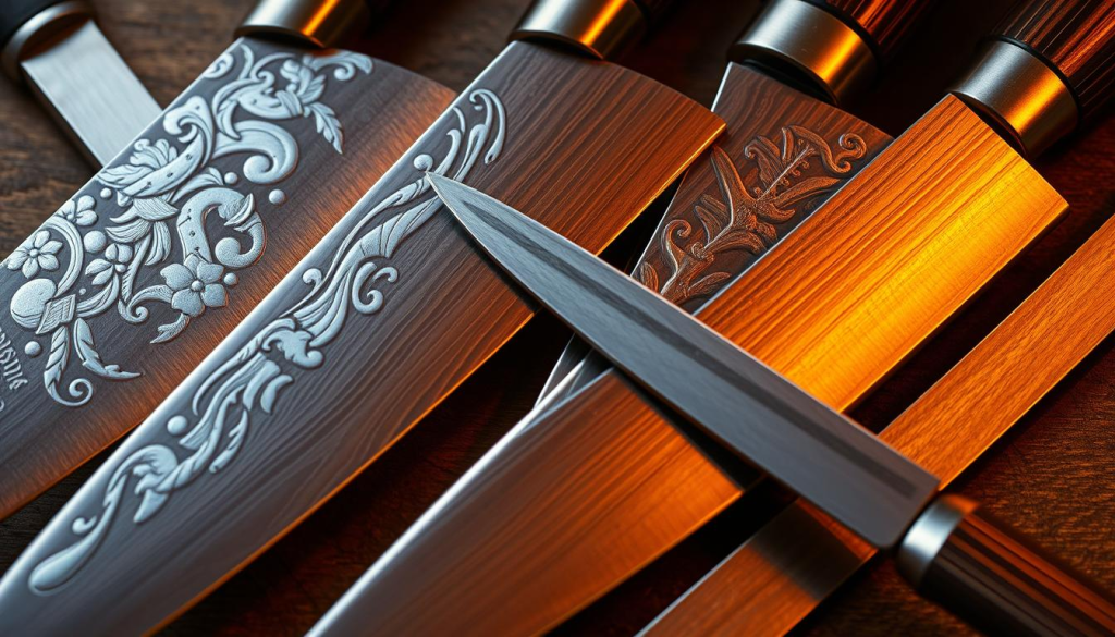 Intricate Japanese knives with precision-forged blades, gleaming steel reflecting warm incandescent lighting. Aritsugu's signature blade profiles and handles crafted with meticulous attention to detail, showcasing the art of traditional Japanese knife-making. A composition highlighting the unique textures and materials - from the smooth, contoured wood handles to the razor-sharp cutting edges. The knives are arranged in an elegant, minimalist still life, their form and function elevated to works of art. A sense of quiet sophistication and craftsmanship pervades the scene, inviting the viewer to appreciate the beauty and utility of these exceptional Japanese culinary tools.