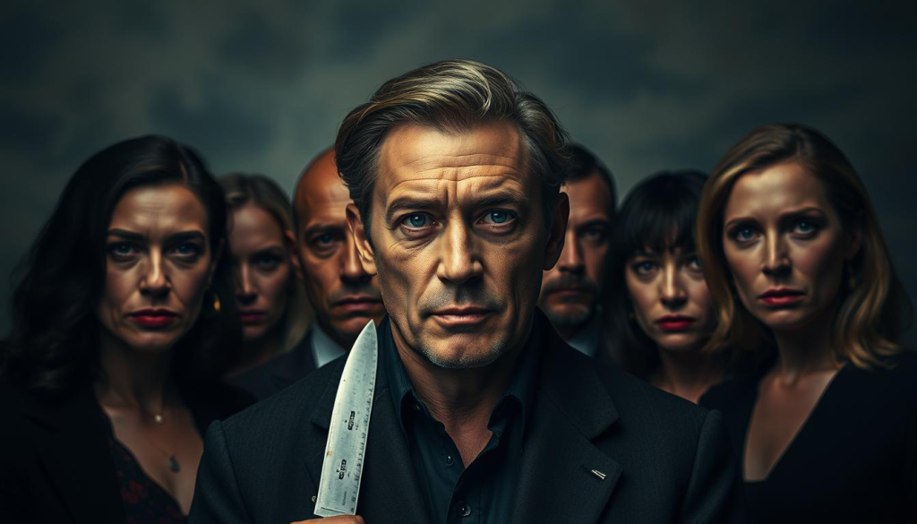 Knives Out cast analysis: A cinematic masterpiece captured in a stunning portrait. In the foreground, the ensemble of acclaimed actors, each embodying their complex characters with nuanced performances. Centered in a moody, chiaroscuro lighting, their expressive faces command attention, hinting at the intricate web of secrets and motives that drive the film's gripping narrative. The middle ground blurs into a dreamlike, painterly background, evoking the subtle, cerebral atmosphere of the Knives Out universe. Framed with a shallow depth of field, the image draws the viewer's gaze to the captivating on-screen chemistry, inviting deeper exploration of the cast's transformative roles.