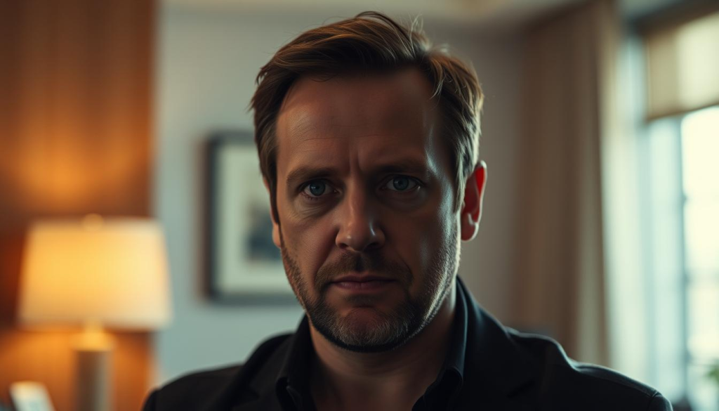 Knives Out director, Rian Johnson, captured in a thoughtful, cinematic portrait. Centered in the frame, his face is illuminated by warm, directional lighting, creating a subtle chiaroscuro effect. The background is blurred, but hints at a refined, contemporary setting - perhaps a film studio or writer's office. Johnson's expression is pensive, suggesting the creative process behind his celebrated crime drama. The composition and lighting evoke the moody, cerebral atmosphere of his filmmaking, hinting at the meticulously crafted direction and writing that define his distinct style.