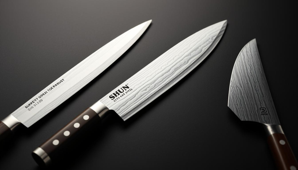 Shun Knife Comparison: A Precise and Elegant Showcase A meticulously arranged tableau of three gleaming Shun kitchen knives, their sharp blades catching the soft light in a studio setting. The knives are laid out on a dark, minimalist surface, allowing their intricate Damascus steel patterns and razor-sharp edges to take center stage. The middle knife is positioned prominently, its handle and blade highlighted by dramatic side lighting, creating depth and dimension. The surrounding knives flank it, creating a harmonious composition that emphasizes the exceptional craftsmanship and attention to detail inherent in Shun's renowned cutlery. A serene, contemplative atmosphere pervades the scene, inviting the viewer to closely inspect the beauty and precision of these masterfully designed tools.