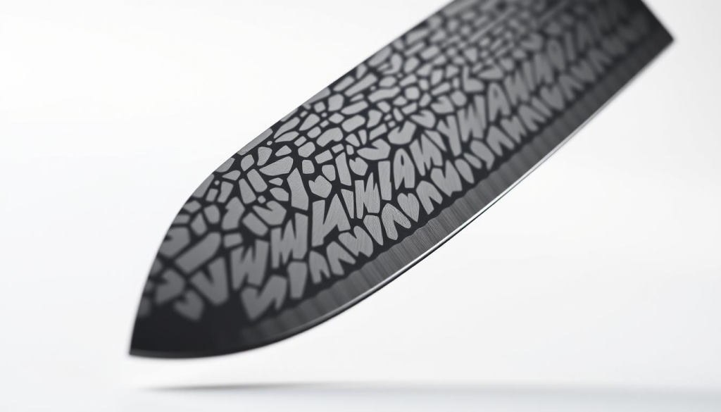 Shun Knife Features: A Masterpiece in Steel and Craftsmanship Crisp, high-contrast image of a Shun chef's knife, shot from a low, side-angle perspective to showcase its elegant silhouette and intricate details. Soft, directional lighting illuminates the knife's razor-sharp, hand-honed blade, the Damascus-patterned steel gleaming with precision. Prominent in the foreground, the knife's contoured, ergonomic handle in rich, satin-finished wood evokes the centuries-old traditions of Japanese blade-making. A clean, minimalist background allows the knife's exceptional form and function to take center stage, conveying the artistry and attention to detail that defines the Shun brand.