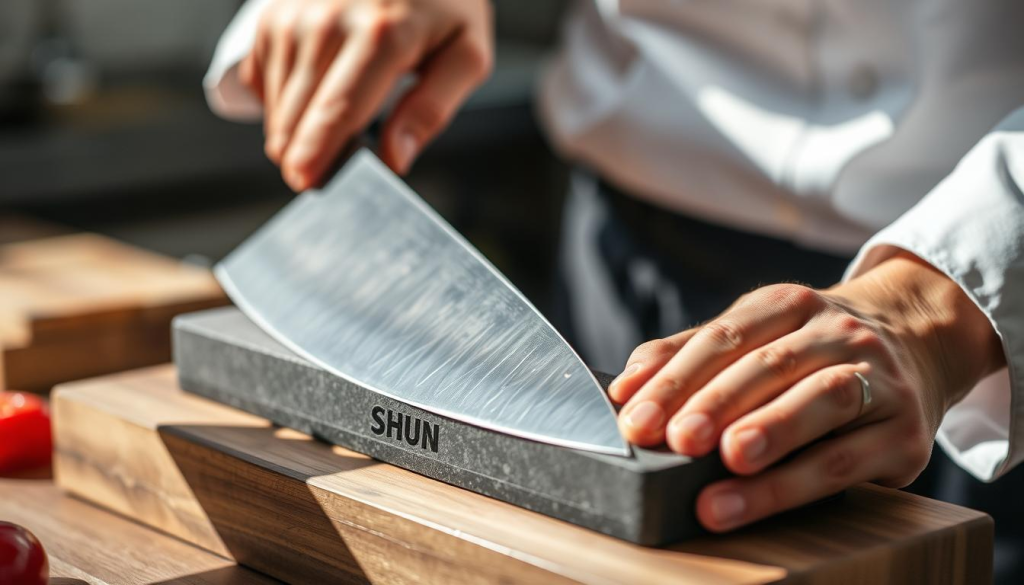 Shun knife maintenance: a detailed close-up shot of a professional chef's hands carefully sharpening and polishing a high-quality Shun chef's knife on a traditional whetstoneVibrant natural lighting illuminates the intricate knife blade and skilled movements, capturing the precision and care required to maintain these exceptional culinary tools. The scene conveys a sense of focus, expertise, and the importance of proper knife care for optimal performance in the kitchen.