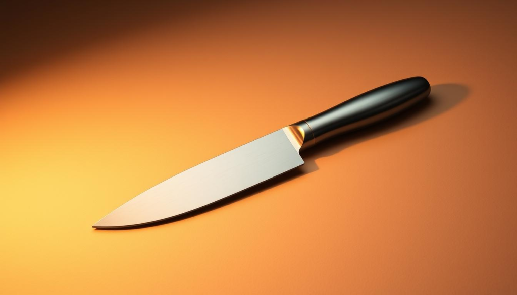 a sleek and sophisticated knife emblem, rendered in a minimalist style with a polished metal finish. The blade is elegantly curved, tapering to a sharp point, conveying a sense of precision and cutting power. The handle is streamlined and ergonomic, featuring a gentle curve that nestles comfortably in the hand. The overall design radiates a balance of strength and elegance, with clean lines and a harmonious composition that evokes the artistry of fine cutlery. Illuminated by warm, directional lighting that casts subtle shadows, enhancing the depth and dimensionality of the emblem. Photographed against a neutral, subtly textured background that allows the emblem to take center stage, showcasing its refined and captivating aesthetic.