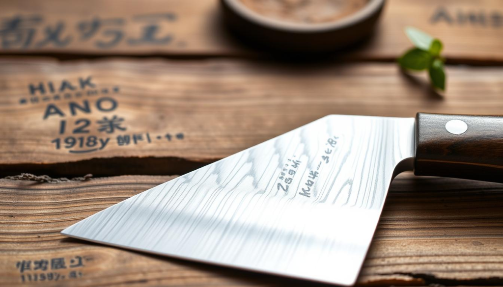 a traditional japanese deba knife, meticulously crafted with a distinctive single-bevel blade, resting on a rustic wooden table. the knife's blade gleams under soft, directional lighting, highlighting the intricate patterns of its forged steel. the handle, likely made of smooth, dark wood, is elegantly shaped to fit the hand. the composition emphasizes the knife's timeless design and the skilled craftsmanship that goes into its creation. a sense of history and cultural heritage permeates the scene, reflecting the enduring legacy of the aritsugu brand.