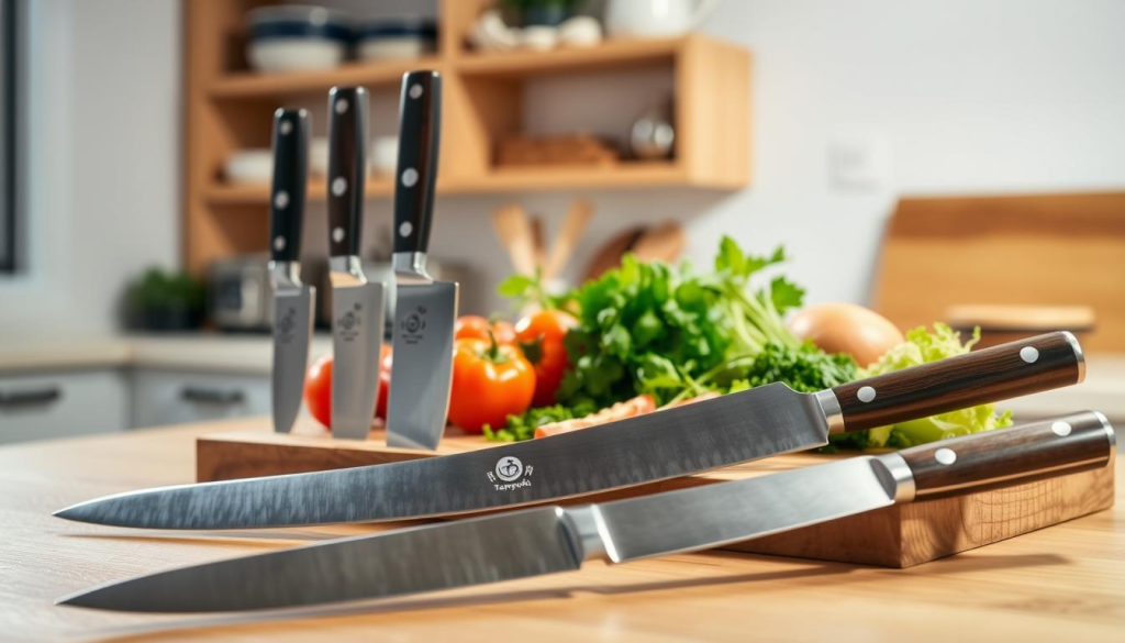 A beautifully arranged collection of Sakai Takayuki kitchen knives, showcasing their exquisite craftsmanship and the iconic logo. In the foreground, a selection of polished knives with varied blade styles and materials reflects the brand's traditional Japanese artistry. The middle layer features a wooden cutting board with fresh ingredients like vibrant vegetables and herbs, emphasizing the culinary aspect. In the background, a softly lit kitchen environment exudes a warm, inviting atmosphere, with blurred shelves displaying additional kitchen accessories. The lighting is bright yet gentle, creating an elegant ambiance that highlights the texture and sheen of the knives. Capture this scene from a slightly elevated angle to provide a comprehensive view, evoking a sense of culinary mastery and high-quality craftsmanship.
