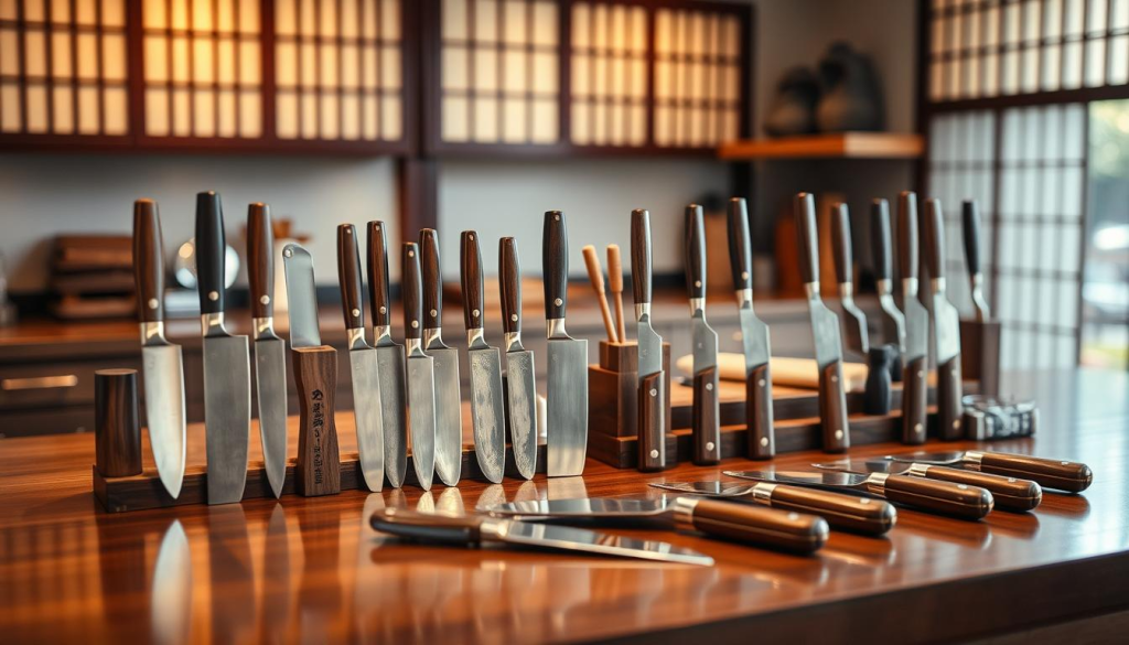 A beautifully arranged collection of Sakai Takayuki knives displayed on a polished wooden countertop. In the foreground, showcase a variety of meticulously crafted knives, each with elegant wooden handles and gleaming blades that reflect light. In the middle ground, include artisanal sharpening tools, emphasizing the precision and craftsmanship of Sakai's culinary heritage. The background should feature a softly lit kitchen setting, with traditional Japanese elements such as rice paper screens and stone accents that evoke a sense of culinary history. Use soft, warm lighting to create an inviting and sophisticated atmosphere, capturing the essence of fine Japanese craftsmanship. Focus on a shallow depth of field to highlight the knives while keeping the background gently blurred.