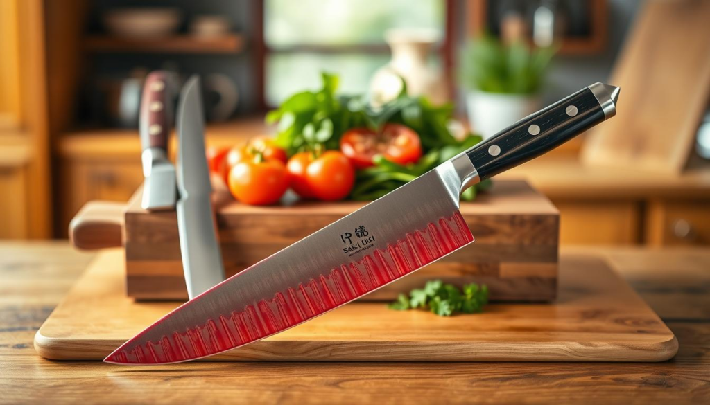A beautifully arranged comparison of Japanese chef knives, prominently featuring the Sakai Takayuki Homura Guren. In the foreground, the Homura Guren knife, showcasing its distinctive red blade and elegant craftsmanship, is positioned alongside two other traditional Japanese knives with contrasting designs. The middle layer displays a polished wooden cutting board, adorned with fresh vegetables and herbs for a vibrant touch. The background features a softly blurred kitchen setting, illuminated by warm, natural lighting, evoking a cozy and inviting atmosphere. The image is taken from a slightly elevated angle to emphasize the details of each knife’s blade and handle, allowing the viewer to appreciate the artistry and design of these culinary tools without distractions or text.