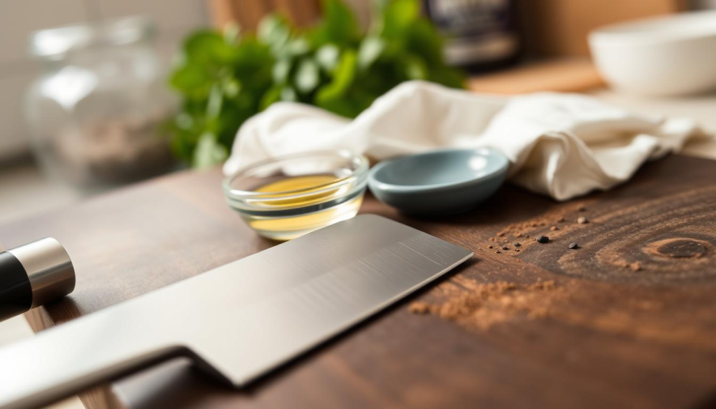 A beautifully arranged composition showcasing a high-quality Sakai Takayuki Blue Steel knife in the foreground, gleaming with a pristine finish, set against a dark wooden cutting board. The knife's blade reflects soft natural light, accentuating its edge and craftsmanship. In the middle ground, a small bowl of mineral oil and a soft, clean cloth are placed, symbolizing proper care techniques. In the background, a blurred kitchen atmosphere with subtle hints of herbs and utensils conveys a warm, inviting cooking environment. Soft, diffused lighting creates a serene, focused mood, ideal for kitchen care. The angle captures a slightly elevated perspective, emphasizing the craftsmanship of the knife and the importance of maintenance.