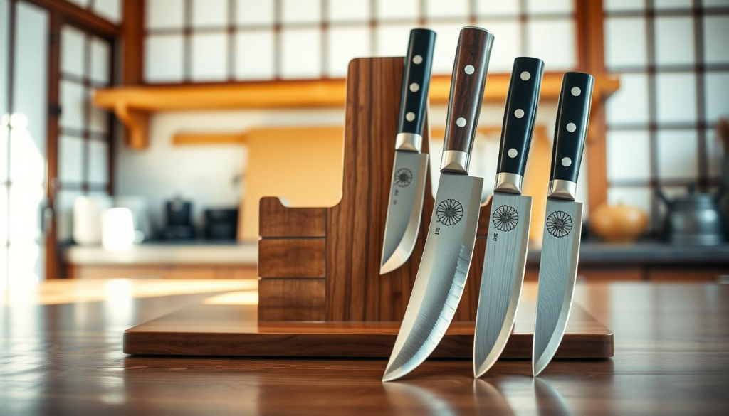 A beautifully arranged display of Sakai Takayuki Honyaki knives, showcasing their exquisite craftsmanship and unique designs. The foreground features three knives of varying sizes with polished blades reflecting light, emphasizing their sharpness and detailing. The middle ground includes a finely crafted wooden display stand, highlighting the elegant patterns on the knife handles. In the background, a softly blurred Japanese kitchen setting adds context, with warm, natural light illuminating the scene through window panes. A clean and inviting atmosphere conveys a sense of tradition and excellence in Japanese knife-making. The image should be captured from a slightly elevated angle to enhance the visual depth and richness of materials used in the knives, instilling a mood of appreciation and admiration for these exceptional tools.