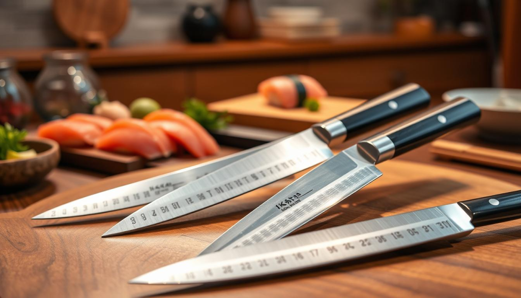A beautifully arranged display of Sakai Takayuki Yanagi knives, showcasing their elegant, elongated blades made from high-quality steel with distinctive hamon patterns. In the foreground, highlight a few knives on a polished wooden cutting board, glinting under soft, warm light to accentuate their sharp edges and fine craftsmanship. In the middle ground, include a subtle assortment of fresh sushi ingredients, such as delicate slices of fish, arranged with precision, emphasizing the knife's purpose. The background should feature a softly blurred Japanese kitchen, evoking a sense of traditional craftsmanship and quality. The atmosphere is serene and focused, inviting the viewer to appreciate the beauty and functionality of these exceptional knives, captured from a slightly elevated angle to provide depth.