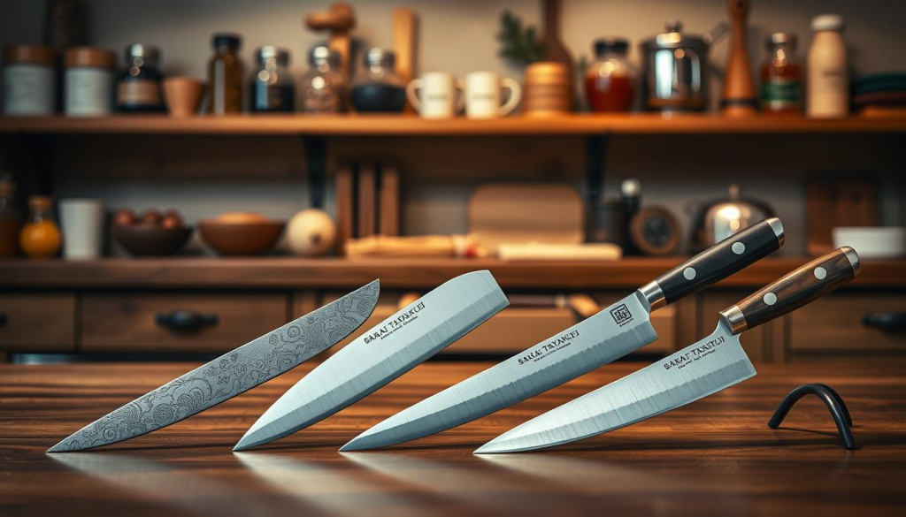 A beautifully arranged display of Sakai Takayuki chef knives on a polished wooden kitchen countertop. In the foreground, three distinct models of the knives, showcasing their elegant design and high-quality craftsmanship with intricate details on the blades and handles, reflecting a blend of traditional Japanese artistry and modern utility. The middle ground features a soft-focus backdrop of a rustic kitchen setting with natural wooden shelves adorned with spices and kitchen tools, emphasizing a culinary theme. Soft, warm lighting casts gentle shadows, creating an inviting and professional atmosphere. The angle captures the knives at a slight tilt, showcasing their sharp edges and exquisite finishes, evoking a sense of refinement and culinary excellence. No text, logos, or human subjects.