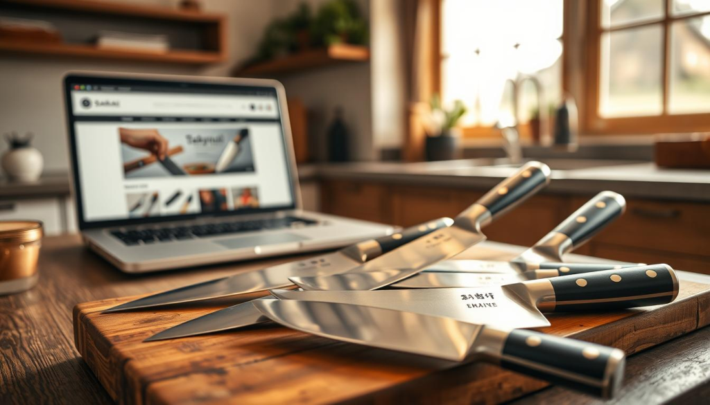 A beautifully arranged display of Sakai Takayuki knives, featuring a variety of styles and sizes, with polished steel blades reflecting light. In the foreground, a selection of these premium Japanese knives is artistically positioned on a rustic wooden cutting board, showcasing their craftsmanship and fine details. In the middle ground, a tasteful online shopping interface appears on a laptop screen, subtly illustrating the concept of purchasing these knives online. The background features a warm kitchen setting with soft, natural lighting filtering through a window, creating an inviting and homey atmosphere. The overall mood conveys elegance and quality, emphasizing the superior craftsmanship of Sakai Takayuki knives available for purchase in Australia.