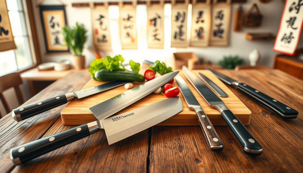 A beautifully arranged display of Sakai Takayuki knives on a rustic wooden table. The knives reflect a variety of styles and sizes, showcasing their elegant handles and sharp, polished blades. In the foreground, highlight a large, impressive chef's knife alongside smaller paring and utility knives, each positioned artistically. The middle ground features a traditional Japanese bamboo cutting board with fresh vegetables—like bright green cucumber and vibrant red radishes—adding color and context. The background includes soft-focus kitchen elements such as hanging scrolls depicting Japanese culinary art. The scene is bathed in warm, natural light filtering through a nearby window, creating a serene, inviting atmosphere perfect for appreciating these exceptional tools. The angle is slightly overhead, emphasizing the knives' craftsmanship and the harmonious arrangement of the scene.