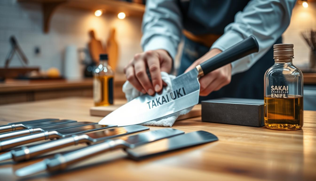 A beautifully arranged display of Sakai Takayuki knives set on a polished wooden surface, showcasing their craftsmanship. The foreground highlights the gleaming blades, each reflecting soft light, emphasizing their sharpness and intricate details. Beside them, a perfect whetstone and a bottle of oil for maintenance, portrayed with a slight sheen, indicate care essentials. In the middle, a skilled hand in a professional attire gently cleans a knife with a cloth, demonstrating proper care technique. The background features a softly blurred kitchen environment with warm, inviting lighting enhancing the homey atmosphere. The overall mood is calm and focused, conveying a sense of respect for the craft of knife care, ideal for a knowledgeable kitchen setting.