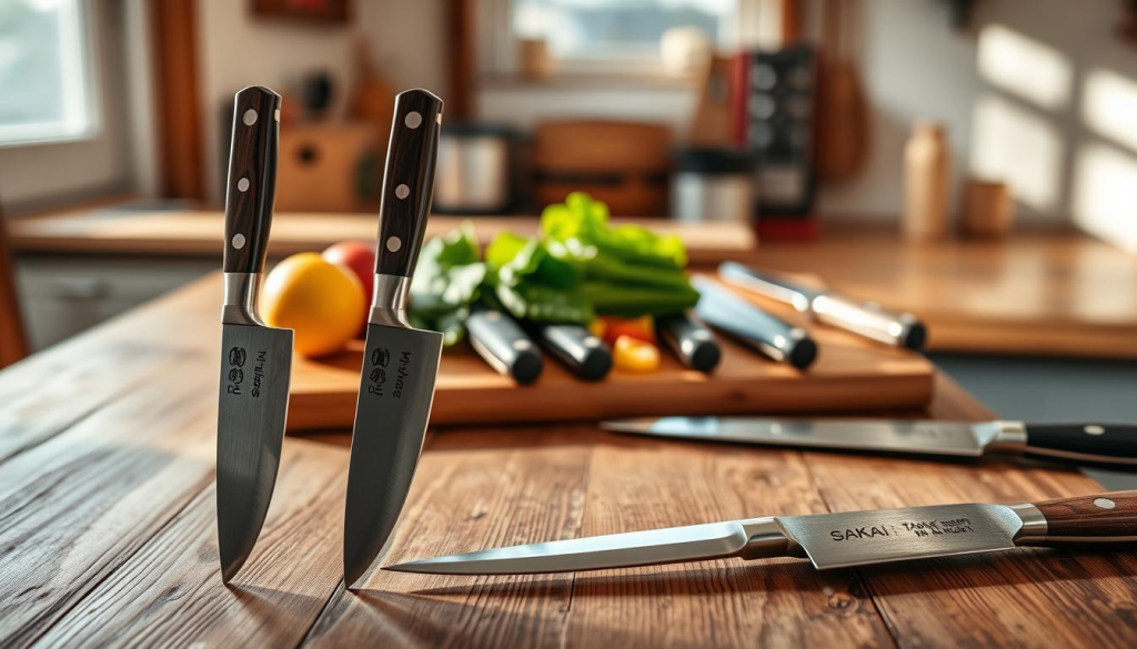 A beautifully arranged display of Sakai Takayuki knives set on a rustic wooden kitchen table. In the foreground, three distinct knives showcase their elegant handles and sharp blades, reflecting craftsmanship and precision. The middle ground features a subtle soft-focus effect on additional knife models and a wooden cutting board adorned with fresh vegetables, emphasizing culinary use. In the background, warm, natural light filters through a window, casting gentle shadows that enhance the tools' polished surfaces. The atmosphere is inviting and professional, evoking a sense of quality and trust beloved by home chefs and cooking enthusiasts. A shallow depth of field accentuates the knives, drawing the viewer's attention while keeping the setting cozy and relatable.