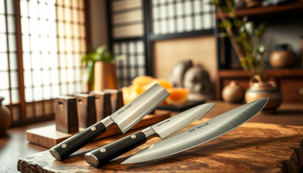 A beautifully arranged display of authentic Japanese Sakai Takayuki knives, showcasing their craftsmanship and exceptional quality. In the foreground, highlight three polished knives on a rustic wooden cutting board, their blades gleaming under soft, diffused natural light. The middle ground features a set of knife guards, hand-carved from dark wood, adding depth and texture. In the background, a blurred kitchen setting with traditional Japanese decor, like shoji screens and bamboo, creates a warm, inviting atmosphere. The image should exude a sense of professionalism and richness, highlighting the artistry and precision of these culinary tools. The angle should capture the full length of the knives, emphasizing their sleek design and functionality, while maintaining a serene and tasteful aesthetic.