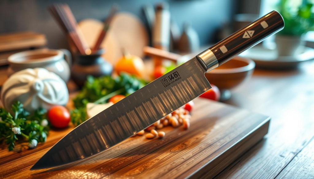 A beautifully arranged display of the Sakai Takayuki Homura Guren knife, prominently featured in the foreground with its elegant, handcrafted blade reflecting light. The knife is placed on a polished wooden cutting board surrounded by traditional Japanese kitchen tools. In the middle ground, softly focused ingredients like fresh vegetables and herbs add vibrant colors. The background features a subtle, blurred kitchen setting with warm, ambient lighting creating an inviting atmosphere. A close-up angle highlights the intricate details of the knife's handle and blade patterns, emphasizing its craftsmanship. The overall mood is calm and sophisticated, appealing to culinary enthusiasts who appreciate quality kitchenware.
