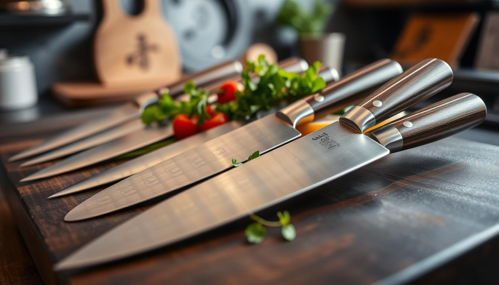 A beautifully arranged display of traditional Japanese knives, specifically Sakai Takayuki knives, placed on a dark wooden cutting board. In the foreground, show a selection of sharp, gleaming blades with elegant, seamless handles made of wood and metal, reflecting the natural light. In the middle, include fresh ingredients like vibrant green herbs and colorful vegetables, highlighting the knives' purpose and quality. The background should feature a soft, blurred kitchen setting with warm lighting, emphasizing a homey and inviting atmosphere. Capture the image using a macro lens to focus on the intricate details of the knife craftsmanship, evoking a sense of tradition and precision. The overall mood should convey a blend of artistry and functionality, ideal for both professional chefs and home cooks.