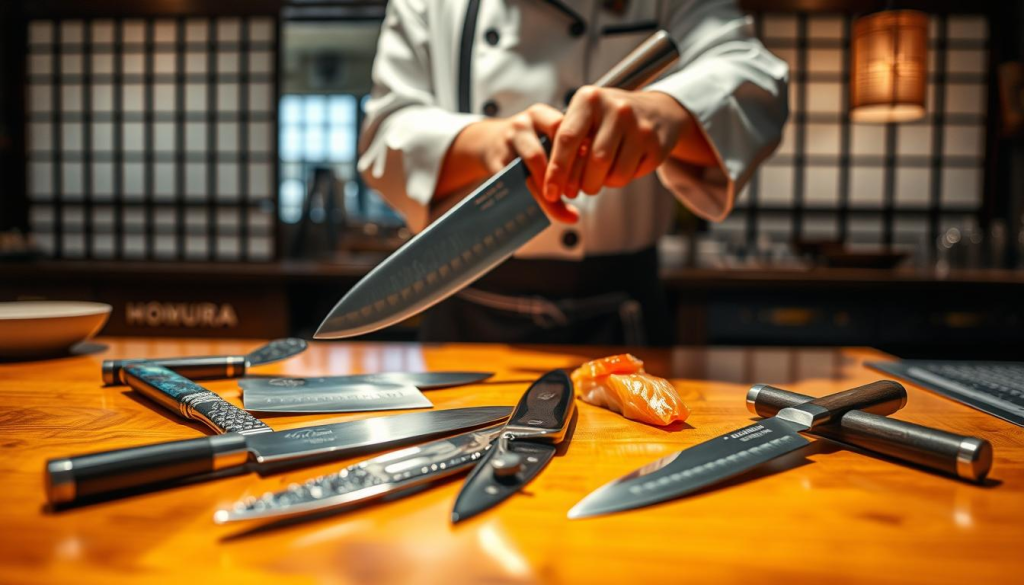 A beautifully arranged display of various Homura knives on a polished wooden surface, highlighting the craftsmanship of Sakai Takayuki. In the foreground, showcase an array of knife types: a chef's knife with a sleek, sharp blade, a paring knife with intricate detailing, and a traditional Japanese sashimi knife glimmering in the light. The middle ground features a hands-on display with a chef gently holding one knife, dressed in a professional chef's uniform, reflecting the precision involved in using these tools. The background is softly blurred, revealing a hint of a Japanese kitchen setting with elegant details like rice paper sliding doors and bamboo accents. The lighting is warm and inviting, emphasizing the shine of the knives and creating a serene atmosphere of culinary artistry.