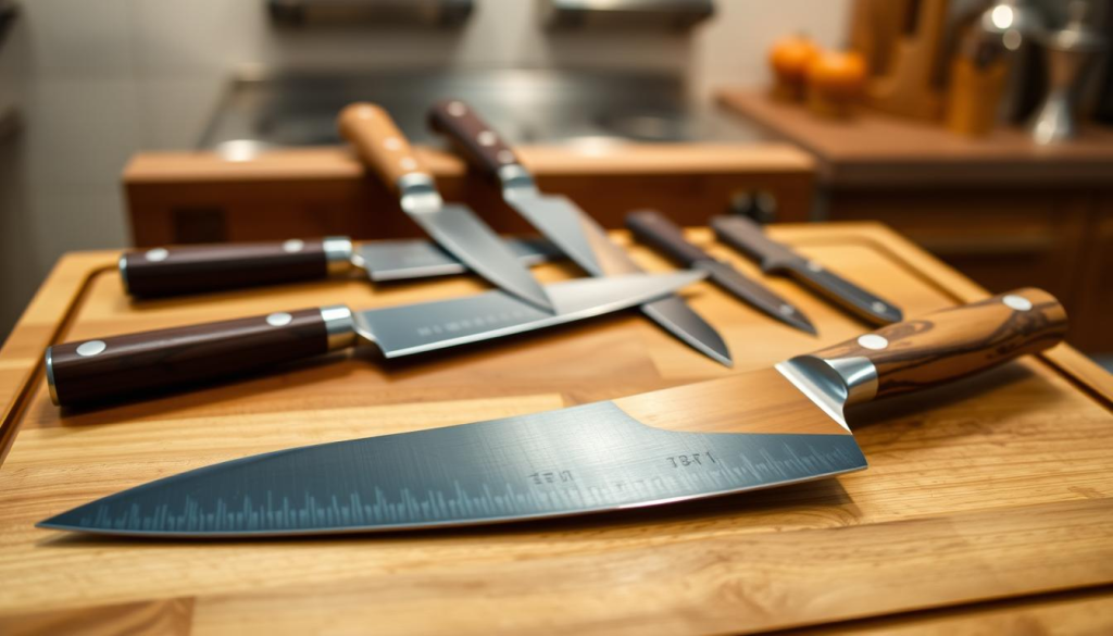 A beautifully arranged display of various Sakai Takayuki Blue Steel Knives on a polished wooden cutting board, highlighting their distinct shapes and craftsmanship. In the foreground, focus on the main knife, showcasing the elegant blade design with a smooth blue steel finish and a traditional wooden handle featuring intricate grain patterns. In the middle ground, arrange a variety of knife types, such as a gyuto, santoku, and petty, each reflecting their unique characteristics and functionality. The background should be softly blurred, hinting at a warm kitchen setting with gentle ambient lighting that enhances the sleek metal surfaces. The overall mood is one of sophistication and artisanal quality, inviting the viewer to appreciate the performance and beauty of these exceptional knives.