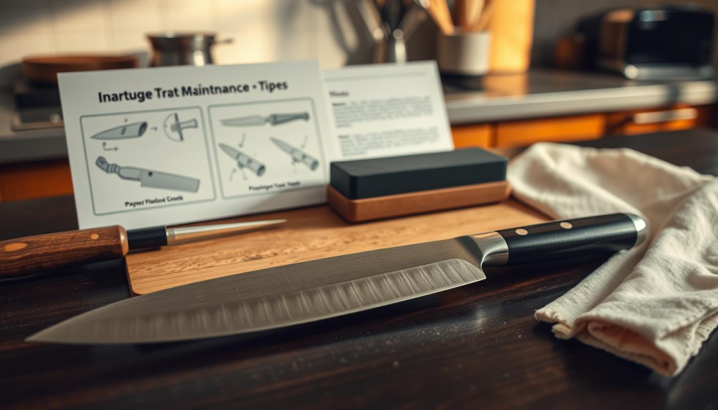 A beautifully arranged knife maintenance scene featuring a Sakai Takayuki Homura knife in the foreground, showcasing its sleek blade and elegant handle. Surrounding the knife are essential maintenance tools: a honing rod, a whetstone, and a soft cloth, all carefully placed on a dark wooden table. The middle layer includes some instructional elements, like illustrated diagrams of the proper sharpening technique and maintenance tips, subtly blended into the background, which is softly blurred for depth. The background features a warm, well-lit kitchen atmosphere with gentle shadows, enhancing the craftsmanship of the knife. The image conveys a serene, knowledgeable mood, inviting the viewer to explore the art of knife care, captured from a slightly elevated angle to provide a comprehensive view of the setup.