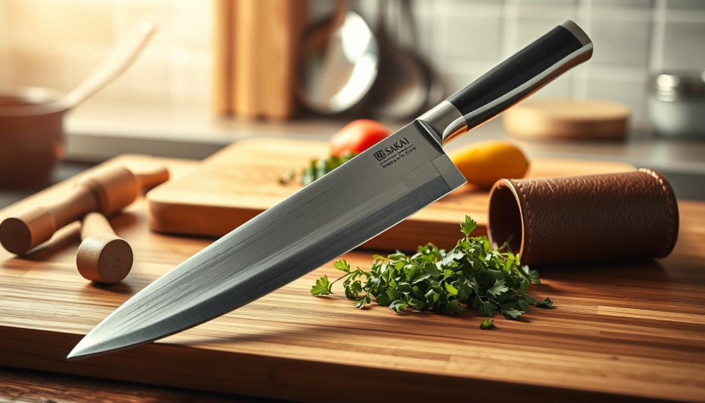A beautifully arranged scene depicting the care of a Sakai Takayuki Chef Knife. In the foreground, a sleek and polished Sakai Takayuki Chef Knife gleams under soft, warm lighting. Its sharp blade and elegant handle showcase the intricate craftsmanship. Beside the knife, a wooden honing rod and a premium leather knife roll are neatly displayed, emphasizing the importance of proper maintenance. In the middle ground, a clean, spacious wooden cutting board is adorned with freshly chopped herbs and a few vegetables, hinting at the knife’s culinary purpose. The background features a softly blurred kitchen environment, with subtle hints of utensil shadows and a warm, inviting atmosphere. The overall mood is one of care, precision, and respect for culinary tools, inviting viewers to appreciate the art of knife maintenance.