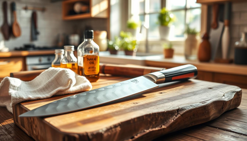 A beautifully arranged scene featuring a Sakai Takayuki knife laid on a rustic wooden cutting board. In the foreground, the knife, with its elegant blade reflecting light, showcases intricate patterns on the steel. Beside it, a soft cloth and a bottle of knife oil imply care and maintenance, emphasizing the theme of knife care. In the middle ground, a well-organized kitchen environment with various knife care tools such as a honing rod and leather strop can be seen. The background features a warm, softly lit kitchen, giving a homely atmosphere with herbs in small pots, enhancing the overall mood. Morning light streams through a nearby window, casting gentle shadows, highlighting the quality of the knife and its care essentials.