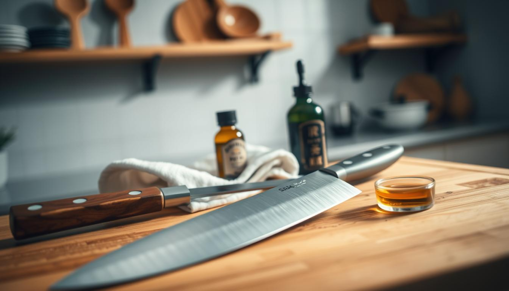 A beautifully arranged scene showcasing a Sakai Takayuki knife care setup. In the foreground, a sleek, polished Sakai Takayuki knife rests on a wooden cutting board, its blade glistening under soft, warm lighting. Beside it, a honing rod and a bottle of mineral oil sit artistically placed, highlighting the essential tools for maintenance. In the middle, a clean cloth is gently draped, signifying the importance of careful upkeep. The background features a subtle kitchen environment, with blurred shelves lined with tasteful wooden utensils and natural light streaming in from a nearby window, creating a serene and inviting atmosphere. The mood evokes a sense of craftsmanship and dedication to culinary excellence. The composition should utilize a shallow depth of field, focusing on the knife and care tools.