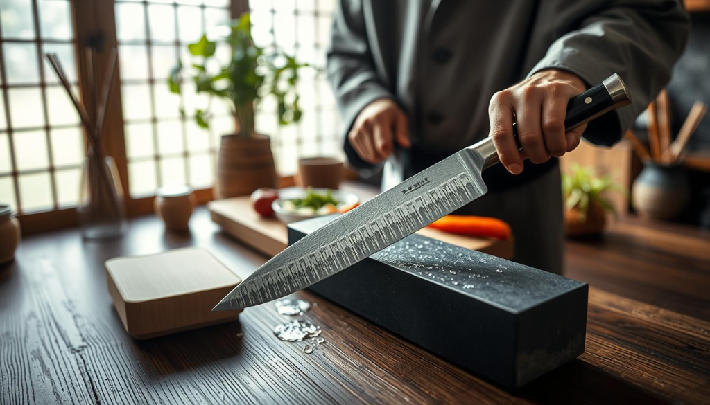 A beautifully arranged scene showcasing the care and maintenance of a handmade Sakai Takayuki 45-Layer Damascus Nakiri Knife. In the foreground, a skilled artisan in modest, professional attire gently sharpens the knife on a whetstone, water glistening on the stone's surface. The middle ground highlights a wooden cutting board with fresh vegetables, demonstrating the knife's functionality. In the background, soft natural light filters through a window, casting a warm glow on traditional Japanese kitchen elements, such as a bamboo utensil holder and a serene indoor plant. The atmosphere conveys a sense of artistry and dedication toward knife care, inviting viewers into the meticulous art of maintaining a high-quality chef knife. The angle is slightly overhead, providing an intimate yet comprehensive view of the scene.