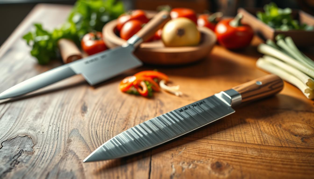 A beautifully arranged selection of Sakai Takayuki knives displayed on a rustic wooden table, highlighting their unique craftsmanship. In the foreground, three different styles of knives are meticulously positioned, showcasing gleaming stainless steel blades and elegant wooden handles. In the middle, a soft-focus background features a subtle array of fresh ingredients like vegetables and herbs, adding to the culinary theme. The lighting is warm and inviting, creating soft shadows that enhance the textures of the knives and the natural wood surface. Capture the atmosphere of a professional kitchen, emphasizing the quality and tradition of Japanese knife-making. The angle should be slightly above the table, allowing viewers to appreciate both the knives and the ingredients that reflect their purpose.