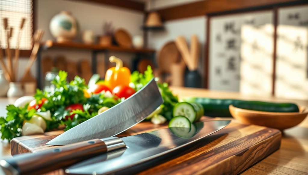 A beautifully arranged set of Sakai Takayuki Homura Japanese kitchen knives displayed on a polished wooden cutting board. In the foreground, focus on the knives, showcasing their elegant handles made from dark wood and the shiny, expertly honed blades reflecting light. The middle ground includes fresh, vibrant ingredients like colorful vegetables, herbs, and a cucumber sliced artfully to emphasize the knife's precision. In the background, a softly lit Japanese-style kitchen with delicate bamboo and rice paper accents creates a calming atmosphere. Use warm, natural lighting to enhance the homely feel, with a shallow depth of field to blur the background, ensuring the knives remain the focal point. The overall mood is one of craftsmanship, skill, and a serene cooking experience.