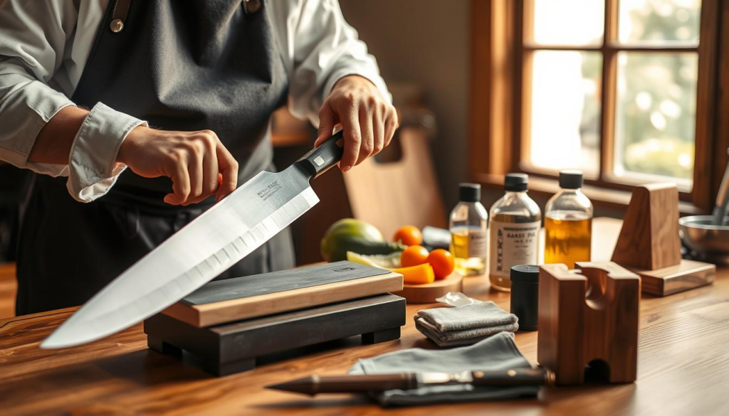 A beautifully arranged workstation showcasing the care and maintenance of a Sakai Takayuki Honyaki knife. In the foreground, a skilled artisan, dressed in a modest dark apron and white shirt, gently sharpens a gleaming honyaki knife on a whetstone, with focused, precise movements. Nearby, a wooden cutting board displays a few fresh vegetables, indicating the knife's purpose. In the middle ground, a selection of care tools: mineral oil, cleaning cloths, and a wooden knife stand, all elegantly presented. The background features warm, natural light filtering through a window, casting a soft glow, which enhances the atmosphere of meticulous craftsmanship and dedication. The overall mood is serene and inspiring, reflecting the artistry of handcrafted knife care.