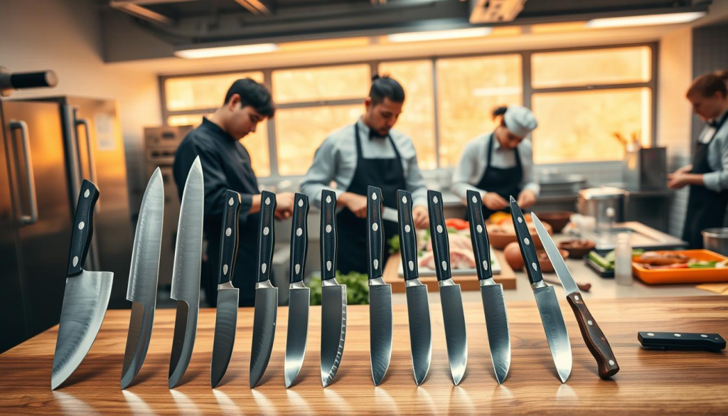 A beautifully composed culinary school classroom scene featuring a variety of Sakai Takayuki 33 Layer knives displayed robustly on a polished wooden table in the foreground, showcasing their intricate craftsmanship. In the middle, professional culinary students in modest, professional attire are engaged in vibrant cooking activities, carefully using the knives on fresh ingredients like vegetables and meat. The background displays a bright, well-equipped kitchen with stainless steel appliances and large windows allowing warm, natural light to illuminate the space, creating a welcoming atmosphere. The image captures the precision and artistry of these knives, emphasizing their critical role in culinary education, and the mood is focused yet energetic. The composition is shot from a slight overhead angle, adding depth and detail to the scene.