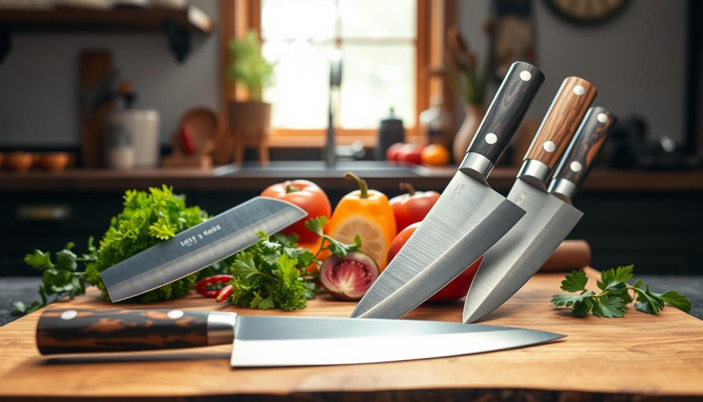 A beautifully composed image featuring a collection of Honyaki knives displayed on a rustic wooden cutting board. In the foreground, focus on the elegant curves of the blades, showcasing their polished surface and intricate craftsmanship. Each knife should have a different traditional Japanese handle style, made from wood with ornate detailing. The middle ground should include fresh ingredients like vibrant vegetables and herbs artistically arranged, hinting at the knife's utility in culinary settings. In the background, softly blurred, a warm kitchen atmosphere with natural light filtering through a window, casting gentle shadows, enhances the inviting feel of the scene. The overall mood is one of grace and sophistication, emphasizing the exceptional quality and artistry of Sakai Takayuki Honyaki knives.