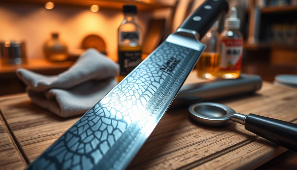 A beautifully crafted Sakai Takayuki 33-Layer Damascus Gyuto knife, 210mm in length, resting on a wooden cutting board. The knife features an intricate, shimmering Damascus pattern on its blade, showcasing the artistry in its construction. In the foreground, focus on the gleaming edge of the blade, reflecting light to emphasize its sharpness. Surrounding the knife, there are essential care tools: a soft cloth, honing steel, and a bottle of mineral oil for maintenance. The background includes a softly blurred kitchen setting with warm, ambient lighting, enhancing the mood of an inviting culinary space. The image captures a sense of precision and care in knife maintenance, highlighting the importance of proper upkeep for optimal performance.